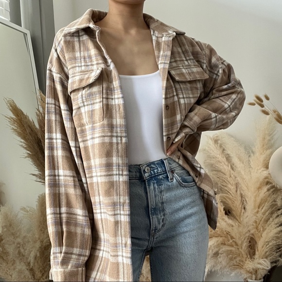 Princess Polly Tops - Princess Polly Mila Beige Cream Plaid Flannel